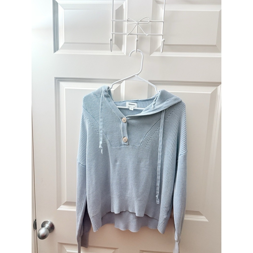 Sonoma Women's Light Blue Knit Hooded Button Pullover Sweatshirt Size M